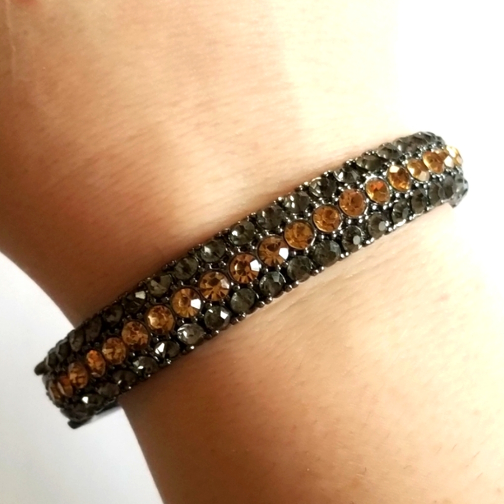 Monet bracelet rhinestones grey amber orange color hinged clamper bangle
